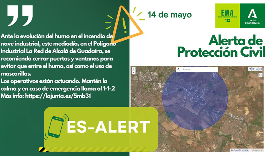 Mensaje de Es-Alert enviado a la población por el incendio de la nave de Alcalá.